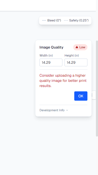 Quality or DPI warning panel in the editor